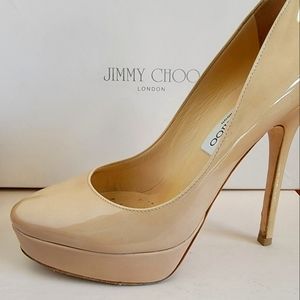 Jimmy Choo patent leather platform 5" heels in nude color, size 5.5/35.5